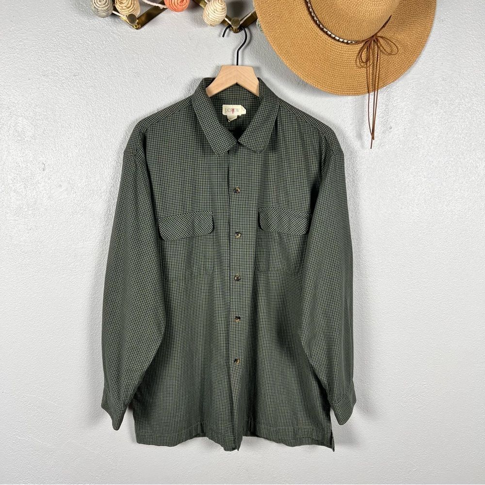 J.Crew Oarsman VTG Men L Y2K Grunge Gingham Flannel Button Down Shirt Green/Blue
